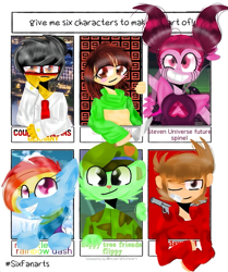 Size: 569x680 | Tagged: safe, artist:dark_sky_purple_star, rainbow dash, bear, gem (race), human, pegasus, pony, anthro, g4, spoiler:steven universe, spoiler:steven universe: the movie, anthro with ponies, bust, char, clothes, countryhumans, crossover, eddsworld, female, flippy, gem, germany, glasses, gun, happy tree friends, hat, male, mare, necktie, one eye closed, pac-man eyes, six fanarts, smiling, spinel, spinel (steven universe), spinel's injector, spoilers for another series, steven universe, steven universe: the movie, tord (eddsworld), undertale, weapon, wink