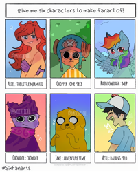 Size: 662x823 | Tagged: safe, artist:mochiich1, rainbow dash, dog, human, mermaid, anthro, g4, adventure time, anthro with ponies, antlers, ariel, chopper, chowder, chowder (character), clothes, crossover, hat, jake the dog, male, one piece, six fanarts, smiling, the little mermaid, tony tony chopper, white eyes, wide eyes