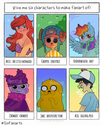 Size: 662x823 | Tagged: safe, artist:mochiich1, rainbow dash, dog, human, mermaid, anthro, g4, adventure time, anthro with ponies, antlers, chopper, chowder, chowder (character), clothes, crossover, hat, jake the dog, male, one piece, princess ariel, six fanarts, smiling, the little mermaid, tony tony chopper, white eyes, wide eyes