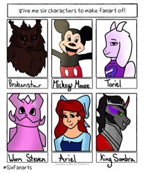 Size: 1080x1263 | Tagged: safe, artist:stella_drawz_stuff, king sombra, cat, dragon, gem (race), goat, human, hybrid, kaiju, mouse, unicorn, anthro, g4, anthro with ponies, ariel, armor, bow, brokenstar, bust, clothes, crossover, eye scar, female, grin, hair bow, humanized, kaijufied, male, mickey mouse, monster, monster steven, open mouth, scar, six fanarts, smiling, sombra eyes, spoilers for another series, stallion, steven quartz universe, steven universe, steven universe future, the little mermaid, toriel, undertale, warrior cats
