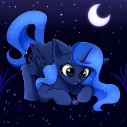 Size: 3000x3000 | Tagged: safe, artist:mite-lime, princess luna, alicorn, insect, pony, g4, cute, ear fluff, face down ass up, female, high res, leg fluff, lunabetes, moon, night, solo, sweat, sweatdrop