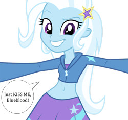 Size: 1280x1201 | Tagged: safe, artist:ponyalfonso, edit, prince blueblood, trixie, equestria girls, g4, belly button, clothes, cropped hoodie, female, imminent kissing, male, midriff, perspective, ship:bluetrix, shipping, short shirt, simple background, skirt, solo, speech bubble, straight, transparent background, vector