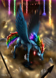 Size: 3250x4500 | Tagged: safe, artist:darksly, rainbow dash, pegasus, pony, g4, female, glowing, glowing eyes, high res, jewelry, mare, necklace, open mouth, solo, spread wings, wings