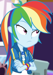 Size: 635x898 | Tagged: safe, screencap, rainbow dash, dashing through the mall, equestria girls, equestria girls specials, g4, my little pony equestria girls: better together, my little pony equestria girls: holidays unwrapped, canterlot mall, clothes, cloud, cropped, crossed arms, cute, dashabetes, female, geode of super speed, jacket, jewelry, lidded eyes, magical geodes, necklace, rainbow, raised eyebrow, shirt, short sleeves, store, t-shirt, thunderbolt, unamused, wristband
