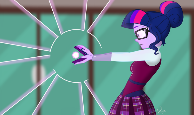 2350693 - safe, artist:dancingmylifeaway, sci-twi, twilight sparkle, equestria  girls, friendship games, blurry background, canterlot high, clothes,  device, female, glasses, magic, magic capture device, redraw, school  uniform, solo, unleash the magic ...