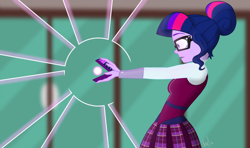 Size: 4574x2705 | Tagged: safe, artist:dancingmylifeaway, sci-twi, twilight sparkle, equestria girls, g4, my little pony equestria girls: friendship games, blurry background, canterlot high, clothes, device, female, glasses, magic, magic capture device, redraw, school uniform, solo, unleash the magic, wide eyes