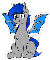Size: 1232x1457 | Tagged: safe, artist:seafooddinner, oc, oc only, bat pony, pony, :p, bat pony oc, bat wings, chest fluff, cute, female, looking at you, mare, simple background, sitting, solo, spread wings, sticker, tongue out, transparent background, wings