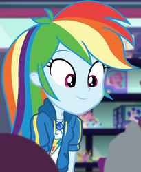 Size: 884x1080 | Tagged: safe, screencap, rainbow dash, dashing through the mall, equestria girls, equestria girls series, g4, holidays unwrapped, spoiler:eqg series (season 2), canterlot mall, clothes, cloud, cropped, cute, dashabetes, female, geode of super speed, jacket, jewelry, looking down, magical geodes, necklace, plushie, pockets, rainbow, shirt, short sleeves, smiling, store, t-shirt, thunderbolt