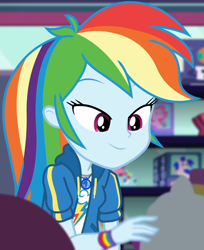 Size: 882x1080 | Tagged: safe, screencap, rainbow dash, dashing through the mall, equestria girls, equestria girls series, g4, holidays unwrapped, spoiler:eqg series (season 2), clothes, cloud, cropped, cute, dashabetes, female, geode of super speed, jacket, jewelry, lidded eyes, looking down, magical geodes, necklace, plushie, rainbow, shirt, short sleeves, smiling, store, t-shirt, thunderbolt, wristband