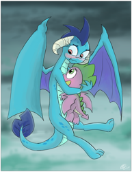 Size: 2550x3300 | Tagged: safe, artist:loreto-arts, princess ember, spike, dragon, g4, gauntlet of fire, blushing, cute, emberbetes, female, high res, hug, male, protecting, remake, scrunchy face, ship:emberspike, shipping, spikelove, straight