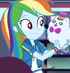 Size: 1033x1080 | Tagged: safe, screencap, rainbow dash, dashing through the mall, equestria girls, equestria girls series, g4, holidays unwrapped, spoiler:eqg series (season 2), bowtie, canterlot mall, clothes, cloud, cropped, cute, dashabetes, female, geode of super speed, hat, jewelry, magical geodes, necklace, plushie, pockets, rainbow, shirt, short sleeves, smiling, store, t-shirt, thunderbolt, wristband