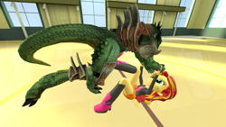 Size: 1280x720 | Tagged: safe, artist:dragonsam98, sunset shimmer, human, lizard, lizardman, reptile, equestria girls, g4, 3d, aeon, fight, grin, judo, kicking, smiling, source filmmaker, story included, throw