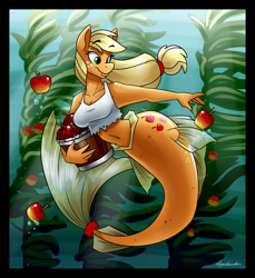 Size: 4077x4442 | Tagged: safe, artist:spiderweber, applejack, earth pony, hybrid, mermaid, seahorse, seapony (g4), anthro, series:creature-verse, g4, apple, bubble, bucket, clothes, crepuscular rays, dorsal fin, female, fin, fins, fish tail, flowing mane, flowing tail, food, kelp, mare, mermaid tail, mermaidized, ocean, scales, seaweed, signature, smiling, solo, species swap, sunlight, swimming, tail, underwater, water