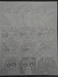 Size: 1944x2592 | Tagged: safe, artist:princebluemoon3, moondancer, saffron masala, sweet biscuit, oc, oc:glimmering scones, pony, unicorn, comic:the chaos within us, g4, black and white, body horror, canterlot, chaos, clothes, comic, commissioner:bigonionbean, confused, conjoined, dialogue, drawing, dream, female, floating, fusion, fusion:moondancer, fusion:saffron masala, fusion:sweet biscuit, glasses, grayscale, headband, jewelry, magic, mare, monochrome, night, out of control magic, panic, scared, scarf, traditional art, writer:bigonionbean