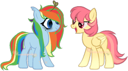 Size: 860x477 | Tagged: safe, artist:skulifuck, oc, oc only, oc:rainbow riot, oc:shy sprout, earth pony, pegasus, pony, alternate hairstyle, bags under eyes, base used, duo, earth pony oc, female, mane swap, mare, open mouth, pegasus oc, simple background, transparent background, wide eyes, wings