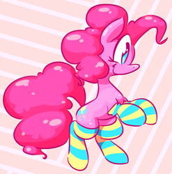 Size: 869x881 | Tagged: safe, artist:nancybigots, pinkie pie, earth pony, pony, g4, abstract background, clothes, cute, diapinkes, female, mare, profile, rearing, smiling, socks, solo, striped socks