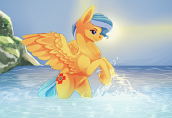 Size: 1194x818 | Tagged: safe, artist:kinvil, oc, oc:ocean shore, pegasus, pony, coat markings, commission, commissioner:kaifloof, eyes closed, female, ocean, pegasus oc, playing, rearing, socks (coat markings), splashing, wings, ych result