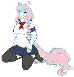 Size: 800x837 | Tagged: safe, artist:kitsunewaffles-chan, oc, oc only, earth pony, anthro, unguligrade anthro, clothes, commission, digital art, eyes closed, female, kneeling, school uniform, simple background, skirt, smiling, socks, solo, tail, thigh highs, white background