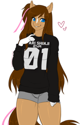 Size: 500x780 | Tagged: safe, artist:kitsunewaffles-chan, oc, oc only, earth pony, anthro, anthro oc, clothes, commission, digital art, female, heart, looking at you, mare, shirt, shorts, simple background, smiling, solo, sweatshirt, thighs, white background