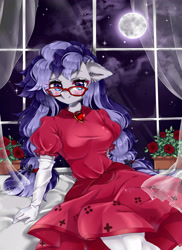 Size: 4000x5500 | Tagged: safe, alternate version, artist:manekoart, oc, oc only, oc:cinnabyte, earth pony, anthro, g4, adorasexy, adorkable, anthro oc, blushing, cinnabetes, clothes, cute, dork, dress, evening gloves, female, glasses, gloves, long gloves, looking at you, mare, meganekko, moonlight, puffy sleeves, sexy, smiling