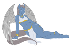 Size: 1300x900 | Tagged: safe, artist:kitsunewaffles-chan, oc, oc only, pegasus, anthro, unguligrade anthro, amputee, artificial wings, augmented, clothes, commission, crossdressing, digital art, femboy, gold, jewelry, loincloth, looking at you, male, pose, prosthetic limb, prosthetic wing, prosthetics, simple background, smiling, solo, white background, wings