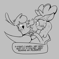 Size: 1948x1948 | Tagged: safe, artist:shelbysmol, paprika (tfh), velvet (tfh), alpaca, deer, reindeer, them's fightin' herds, cloven hooves, community related, doe, duo, female, forced kiss, gray background, grayscale, heart eyes, kiss on the lips, kissing, lesbian, monochrome, one sided shipping, remake, shipping, shipping denied, simple background, speech bubble, that alpaca sure does love kisses, velverika, velvet is not amused, wide eyes, wingding eyes