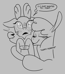 Size: 1882x2147 | Tagged: safe, artist:shelbysmol, paprika (tfh), velvet (tfh), alpaca, deer, reindeer, them's fightin' herds, cloven hooves, community related, doe, duo, female, gray background, grayscale, hug, lesbian, monochrome, one sided shipping, purring, shipping, shipping denied, simple background, speech bubble, velverika