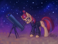 Size: 900x679 | Tagged: safe, artist:asimos, moondancer, pony, unicorn, g4, clothes, female, glasses, mare, missing horn, night, one eye closed, solo, stargazing, stars, sweater, telescope