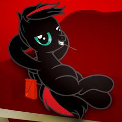 Size: 6562x6600 | Tagged: safe, artist:agkandphotomaker2000, oc, oc:arnold the pony, pegasus, pony, arm behind head, couch, crossed legs, food, pocky, red and black mane, red and black oc, show accurate, simple background