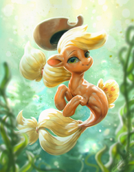 Size: 938x1200 | Tagged: safe, artist:assasinmonkey, applejack, pony, seapony (g4), g4, applejack's hat, applejacked, bubble, cowboy hat, cute, detailed, digital painting, female, fish tail, flowing mane, green eyes, hat, jackabetes, looking at you, muscles, muscular female, seaponified, seapony applejack, seaweed, signature, smiling, solo, species swap, sun, sunlight, underwater, water