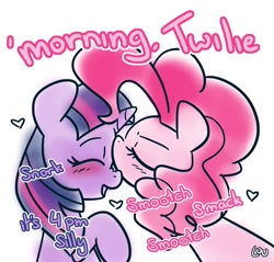 Size: 1500x1435 | Tagged: safe, artist:lou, pinkie pie, twilight sparkle, earth pony, pony, unicorn, g4, blushing, cute, dialogue, eyes closed, female, forehead kiss, heart, kissing, lesbian, mare, ship:twinkie, shipping, smiling