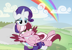 Size: 4724x3307 | Tagged: safe, artist:ace play, rarity, oc, oc:dusty ember, pegasus, pony, unicorn, g4, canon x oc, cloud, colored wings, colored wingtips, cuddling, cute, female, high res, lesbian, rainbow, rock, show accurate, vector