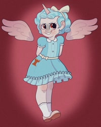 Size: 1024x1285 | Tagged: safe, alternate version, artist:octolass, cozy glow, alicorn, human, g4, the ending of the end, alicorn humanization, alicornified, arm behind back, clothes, cozycorn, dress, evil smile, female, floating wings, grin, horn, horned humanization, humanized, race swap, smiling, solo, winged humanization, wings