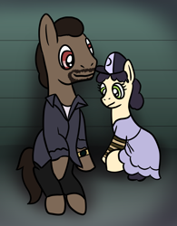 Size: 1600x2048 | Tagged: safe, artist:platinumdrop, pony, clementine (walking dead), crossover, hat, lee everett, ponified, request, sitting, the walking dead game, walking dead
