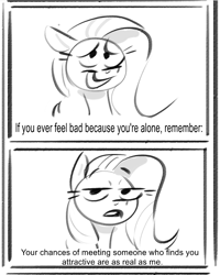 Size: 638x798 | Tagged: safe, artist:imsokyo, fluttershy, pegasus, pony, g4, 2 panel comic, 4chan, black and white, comic, demotivational, dialogue, drawthread, female, frown, grayscale, grin, lidded eyes, lineart, looking at you, mare, monochrome, open mouth, simple background, sketch, smiling, solo, squee, talking to viewer, white background