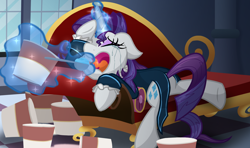 Size: 2200x1300 | Tagged: safe, artist:geraritydevillefort, rarity, pony, unicorn, the count of monte rainbow, g4, crying, fainting couch, female, food, ice cream, magic, mare, marshmelodrama, rarifort, rarity being rarity, solo, the count of monte cristo, villefort