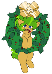 Size: 551x772 | Tagged: safe, artist:mitsuyotsukaze, oc, oc only, oc:oasis, earth pony, pony, blue eyes, candy, candy cane, christmas wreath, cute, female, food, mare, simple background, transparent background, wreath