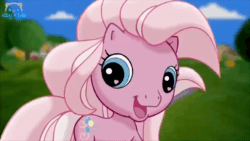 Size: 600x338 | Tagged: safe, pinkie pie (g3), earth pony, pony, g3, g3.5, animated, commercial, cute, female, frame by frame, g3 diapinkes, gif, heart, heart eyes, looking at you, mare, one eye closed, sky kids, smiling at you, wingding eyes, wink