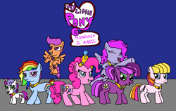 Size: 1690x1065 | Tagged: safe, artist:logan jones, cheerilee, cheerilee (g3), pinkie pie, pinkie pie (g3), rainbow dash, rainbow dash (g3), scootaloo, scootaloo (g3), starsong, sweetie belle, sweetie belle (g3), toola roola, toola-roola, earth pony, pegasus, pony, unicorn, series:core seven friendship is magic, g3, g3.5, g4, ', 1000 hours in ms paint, alternate universe, and a beautiful starsong melody, big crown thingy, cheeribetes, core seven, cute, cutealoo, dashabetes, diapinkes, diasweetes, earth pony rainbow dash, element of generosity, element of honesty, element of kindness, element of laughter, element of loyalty, element of magic, elements of harmony, eyes closed, female, filly, flying, foal, g3 to g4, g3.5 to g4, generation leap, grin, horn, jewelry, mare, my little pony logo, race swap, rainbow dash always dresses in style, regalia, roolabetes, scootaloo can fly, singing, smiling, starsawwwng, that pony sure does love to sing