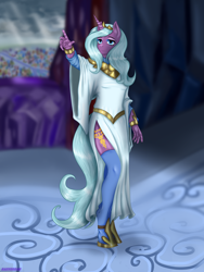 Size: 2400x3200 | Tagged: safe, artist:raeverran, idw, radiant hope, unicorn, anthro, unguligrade anthro, g4, clothes, female, high res, hoof shoes, mare, princess radiant hope, side slit, solo, stockings, thigh highs, total sideslit, white dress