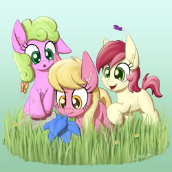 Size: 2250x2250 | Tagged: safe, artist:litrojia, daisy, flower wishes, lily, lily valley, roseluck, butterfly, earth pony, pony, g4, :o, big ears, chest fluff, cute, dandelion, dirt, ear fluff, female, filly, flower, flower trio, gradient background, grass, high res, nudge, open mouth, poison joke, rock, smiling, this will end in tears, this will not end well, trio, trio female, younger