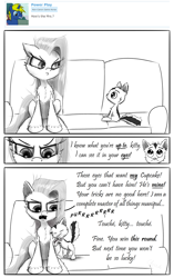 Size: 2381x3787 | Tagged: safe, artist:chopsticks, pinkie pie, cat, earth pony, pony, comic:wtb is this?, g4, cheek fluff, chest fluff, comic, couch, cuddling, cute, ear fluff, female, glare, grayscale, high res, hoof fluff, kitten, looking at each other, male, monochrome, pinkamena diane pie, pure unfiltered evil, purring, simple background, unamused