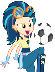 Size: 824x1072 | Tagged: safe, artist:sarahalen, indigo zap, equestria girls, g4, alternate clothes, alternate universe, ball, belt, boots, clothes, ear piercing, earring, female, fingerless gloves, gloves, goggles, jeans, jewelry, open mouth, pants, piercing, shirt, shoes, simple background, solo, t-shirt, tank top, tomboy, white background