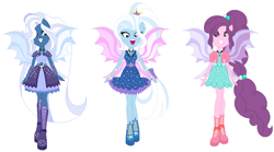 Size: 1186x658 | Tagged: safe, artist:sarahalen, artist:selenaede, night glider, sugar belle, trixie, equestria girls, g4, alternate hairstyle, alternate universe, base used, boots, clothes, coat, dress, equestria girls-ified, female, gem, high heel boots, jewelry, necklace, pendant, shoes, simple background, siren gem, skirt, trio, white background, wristband
