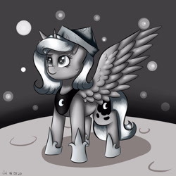 Size: 3000x3000 | Tagged: safe, artist:brilliant-luna, princess luna, alicorn, pony, moonstuck, g4, armor, cartographer's cap, cheek fluff, cute, ear fluff, female, filly, hat, high res, mare, monochrome, moon, smiling, smirk, solo, space, stars, woona, younger