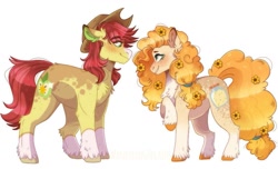 Size: 1145x698 | Tagged: safe, artist:wanderingpegasus, bright mac, pear butter, earth pony, pony, g4, blushing, character design, chest fluff, coat markings, cute couple, digital art, eye contact, female, flower, flower in hair, freckles, hat, headcanon, ibispaint x, looking at each other, male, mare, markings, pale belly, redesign, simple background, smiling, socks (coat markings), stallion, unshorn fetlocks, white background