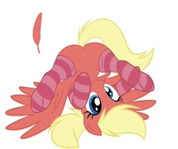 Size: 832x695 | Tagged: safe, artist:illuminatiums, edit, editor:whistle blossom, oc, oc only, oc:whistle blossom, pegasus, pony, blonde hair, blonde mane, blonde tail, blue eyes, butt, clothes, cute, digital art, feather, featureless crotch, female, pink socks, plot, recolor, red coat, sexy, simple background, socks, solo, striped socks, tail, upside down, whistlebetes, white background, wings