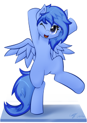 Size: 1026x1451 | Tagged: safe, artist:icy wings, oc, oc only, oc:frost soar, pegasus, pony, bipedal, happy, one eye closed, solo, wink