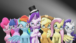 Size: 1920x1080 | Tagged: safe, artist:princess-worlds-sfm, applejack, fluttershy, pinkie pie, rainbow dash, rarity, starlight glimmer, twilight sparkle, earth pony, pegasus, pony, unicorn, g4, 3d, abstract background, applejack's hat, cane, coffin dance, cowboy hat, glasses, hat, looking at you, mane six, simple background, smiling, smiling at you, source filmmaker, standing on two hooves, top hat, unicorn twilight, youtube link, youtube screencap
