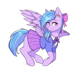 Size: 680x622 | Tagged: safe, artist:gittykitty264, oc, oc only, pegasus, pony, clothes, ear piercing, earring, female, flying, jewelry, mole, piercing, shirt, skirt, smiling, solo